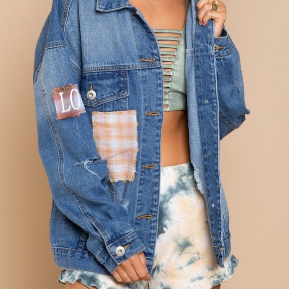 Oversized Distressed Denim "Love" Jacket - Picture 1 of 16